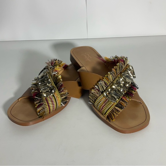 Crown Vintage Somaya Fringe Boho Jeweled Slip on Leather Open Toe Sandals Tan 9M - Picture 11 of 16